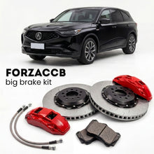 Black Acura MDX Type S YD8/YD9/YE1 (2022+) shown above a ForzaCCB iron rotor big brake kit with 2x red 6-piston front calipers, 2x two-piece floating ventilated brake discs 380 mm, set of brake pads, and brake lines.
