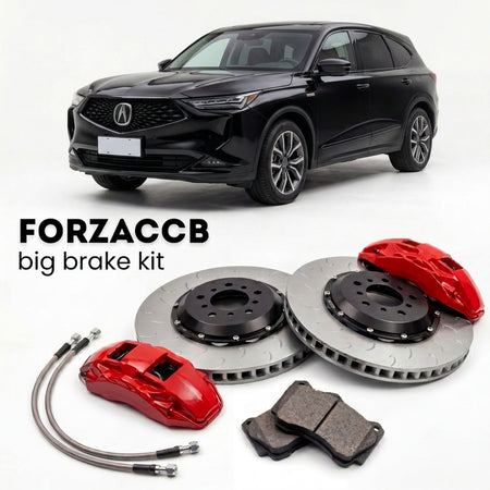 Black Acura MDX Type S YD8/YD9/YE1 (2022+) shown above a ForzaCCB iron rotor big brake kit with 2x red 6-piston front calipers, 2x two-piece floating ventilated brake discs 380 mm, set of brake pads, and brake lines.
