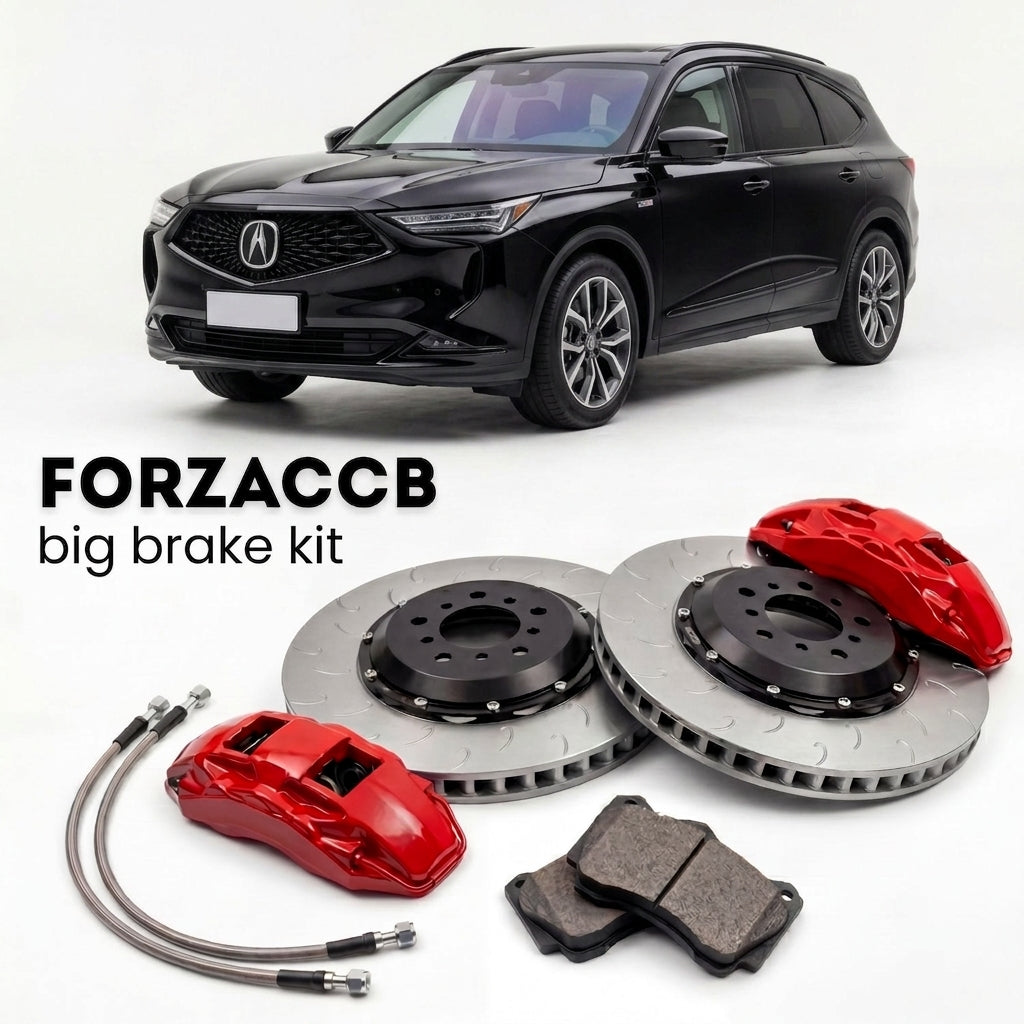 Black Acura MDX YD8/YD9/YE1 (2022+) shown above a ForzaCCB iron rotor big brake kit with 2x red 6-piston front calipers, 2x two-piece floating ventilated brake discs 380 mm, set of brake pads, and brake lines.