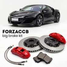 Black Acura NSX NC1 (2016-2022) shown above a ForzaCCB iron rotor big brake kit with 2x red 6-piston front calipers, 2x two-piece floating ventilated brake discs 380 mm, set of brake pads, and brake lines.