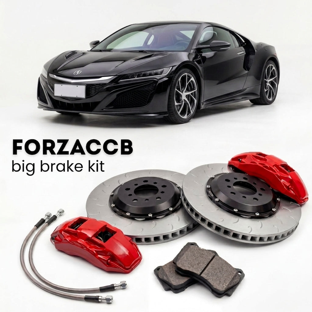 Black Acura NSX NC1 (2016-2022) shown above a ForzaCCB iron rotor big brake kit with 2x red 6-piston front calipers, 2x two-piece floating ventilated brake discs 380 mm, set of brake pads, and brake lines.