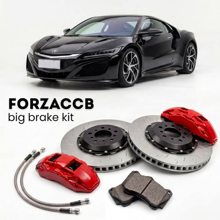 Black Acura NSX NC1 (2016-2022) shown above a ForzaCCB iron rotor big brake kit with 2x red 6-piston front calipers, 2x two-piece floating ventilated brake discs 380 mm, set of brake pads, and brake lines.