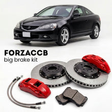 Black Acura RSX Type-S DC5 (2005-2006) shown above a ForzaCCB iron rotor big brake kit with 2x red 6-piston front calipers, 2x two-piece floating ventilated brake discs 380 mm, set of brake pads, and brake lines.