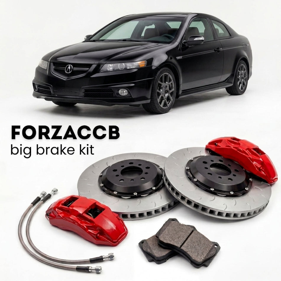 Black Acura TL Type-S UA6-UA7 (2007-2008) shown above a ForzaCCB iron rotor big brake kit with 2x red 6-piston front calipers, 2x two-piece floating ventilated brake discs 380 mm, set of brake pads, and brake lines.