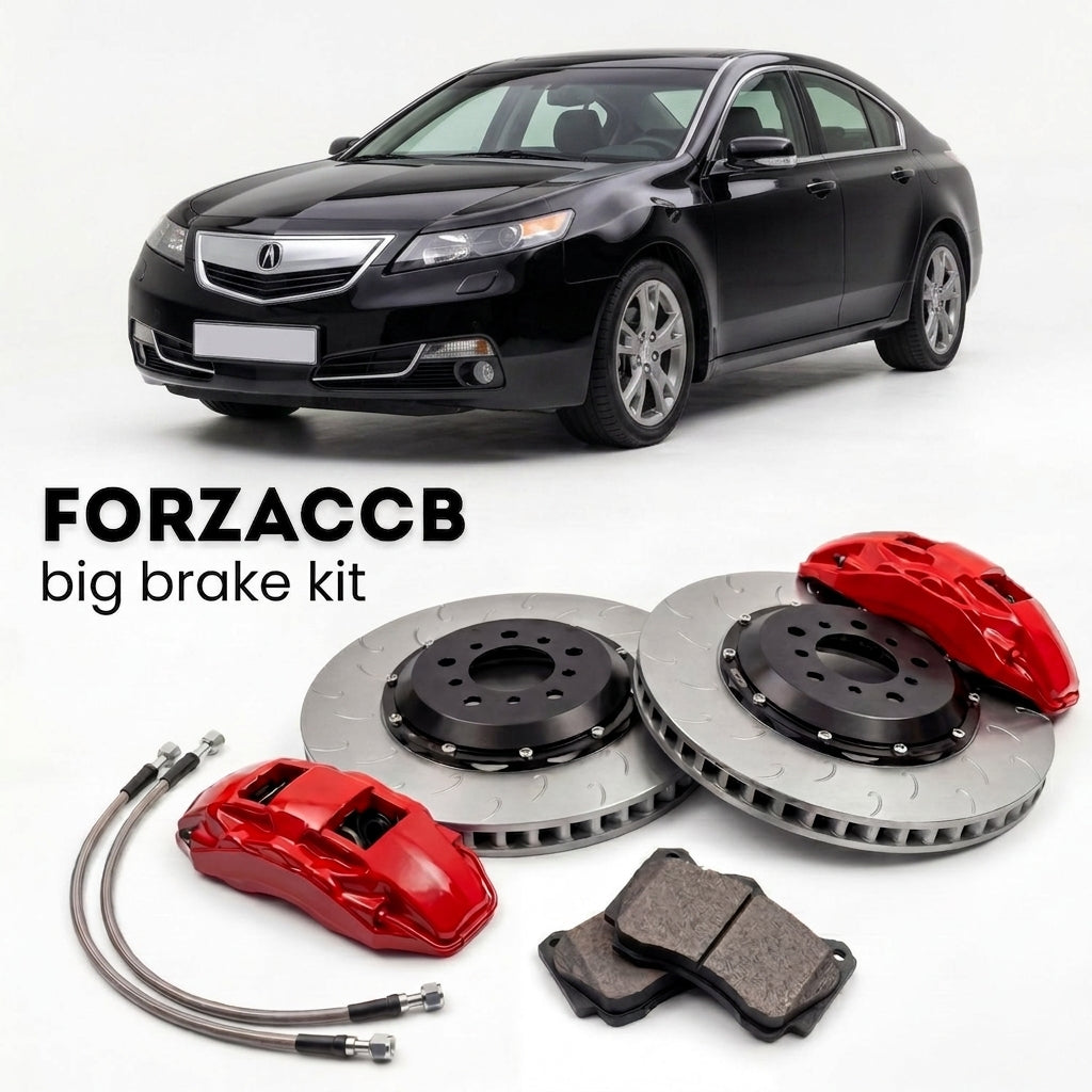 Black Acura TL UA8-UA9 (2009-2014) shown above a ForzaCCB iron rotor big brake kit with 2x red 6-piston front calipers, 2x two-piece floating ventilated brake discs 380 mm, set of brake pads, and brake lines.