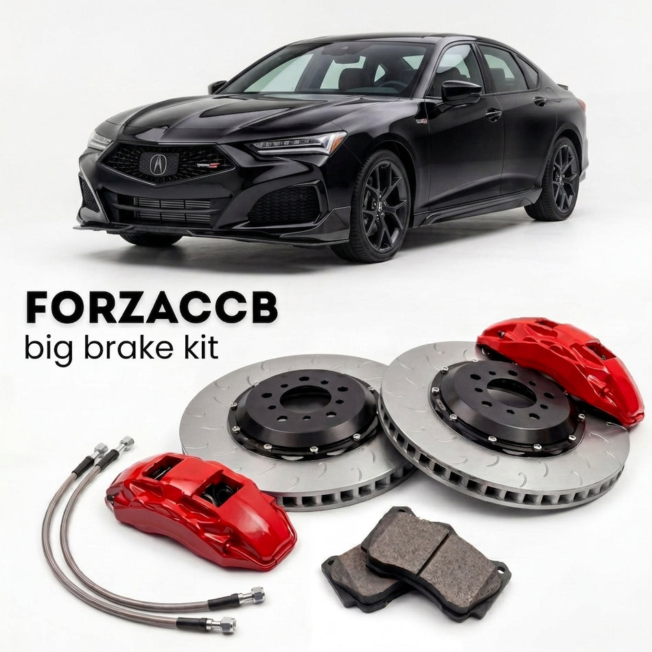 Black Acura TLX Type S UB7 (2021+) shown above a ForzaCCB iron rotor big brake kit with 2x red 6-piston front calipers, 2x two-piece floating ventilated brake discs 380 mm, set of brake pads, and brake lines.