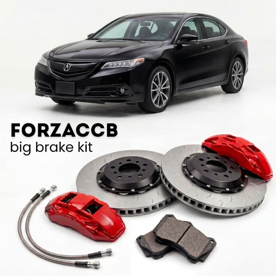Black Acura TLX UB1 (2015-2020) shown above a ForzaCCB iron rotor big brake kit with 2x red 6-piston front calipers, 2x two-piece floating ventilated brake discs 380 mm, set of brake pads, and brake lines.
