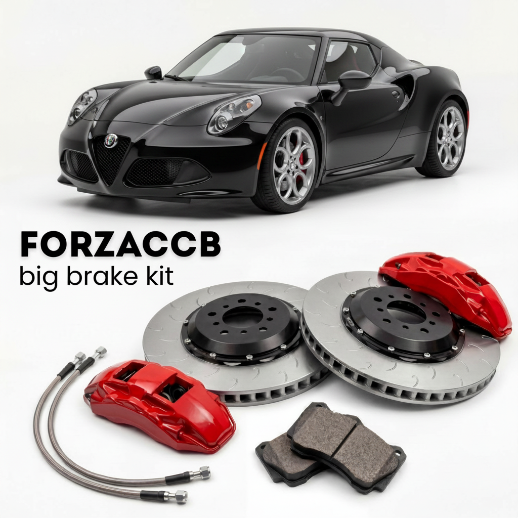 Black Alfa Romeo 4C facelift 2017 (2017-2019) shown above a ForzaCCB iron rotor big brake kit with 2x red 6-piston front calipers, 2x two-piece floating ventilated brake discs 380 mm, set of brake pads, and brake lines.