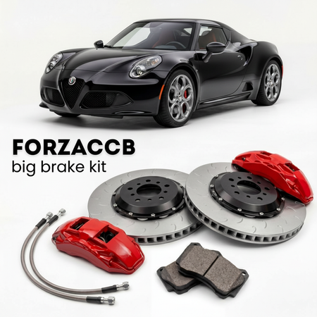 Black Alfa Romeo 4C Spider (2015-2019) shown above a ForzaCCB iron rotor big brake kit with 2x red 6-piston front calipers, 2x two-piece floating ventilated brake discs 380 mm, set of brake pads, and brake lines.