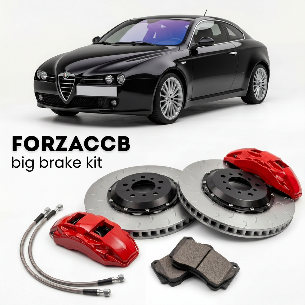 Black Alfa Romeo Brera (2005-2010) shown above a ForzaCCB iron rotor big brake kit with 2x red 6-piston front calipers, 2x two-piece floating ventilated brake discs 380 mm, set of brake pads, and brake lines.