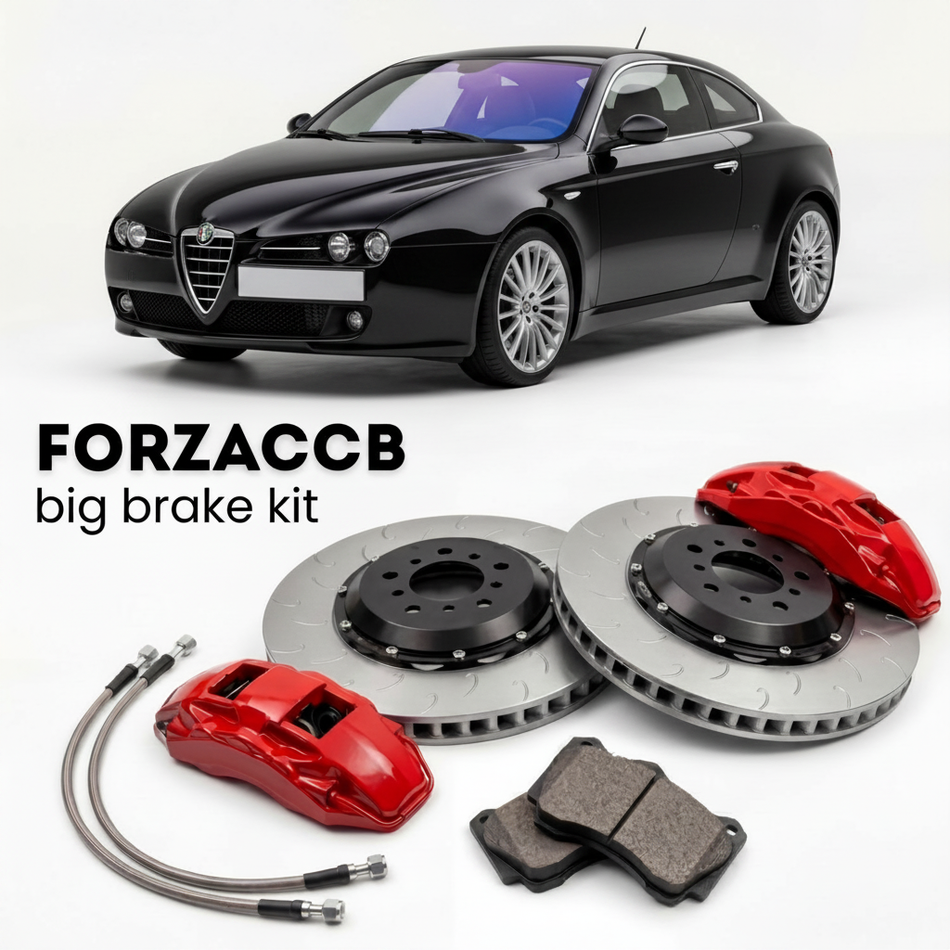 Black Alfa Romeo Brera (2005-2010) shown above a ForzaCCB iron rotor big brake kit with 2x red 6-piston front calipers, 2x two-piece floating ventilated brake discs 380 mm, set of brake pads, and brake lines.