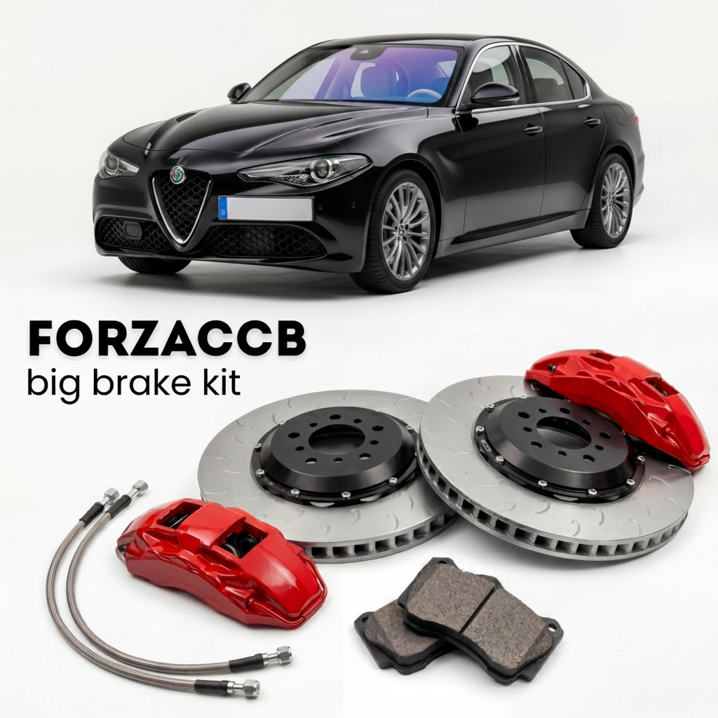 Black Alfa Romeo Giulia 952, facelift 2022 (2022+) shown above a ForzaCCB iron rotor big brake kit with 2x red 6-piston front calipers, 2x two-piece floating ventilated brake discs 380 mm, set of brake pads, and brake lines.