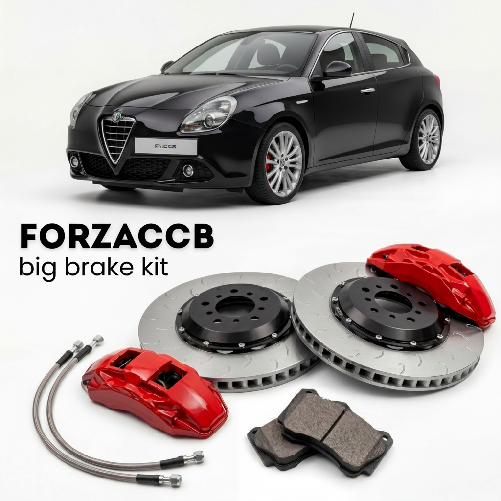 Black Alfa Romeo Giulietta Type 940 facelift 2016 (2015-2020) shown above a ForzaCCB iron rotor big brake kit with 2x red 6-piston front calipers, 2x two-piece floating ventilated brake discs 380 mm, set of brake pads, and brake lines.