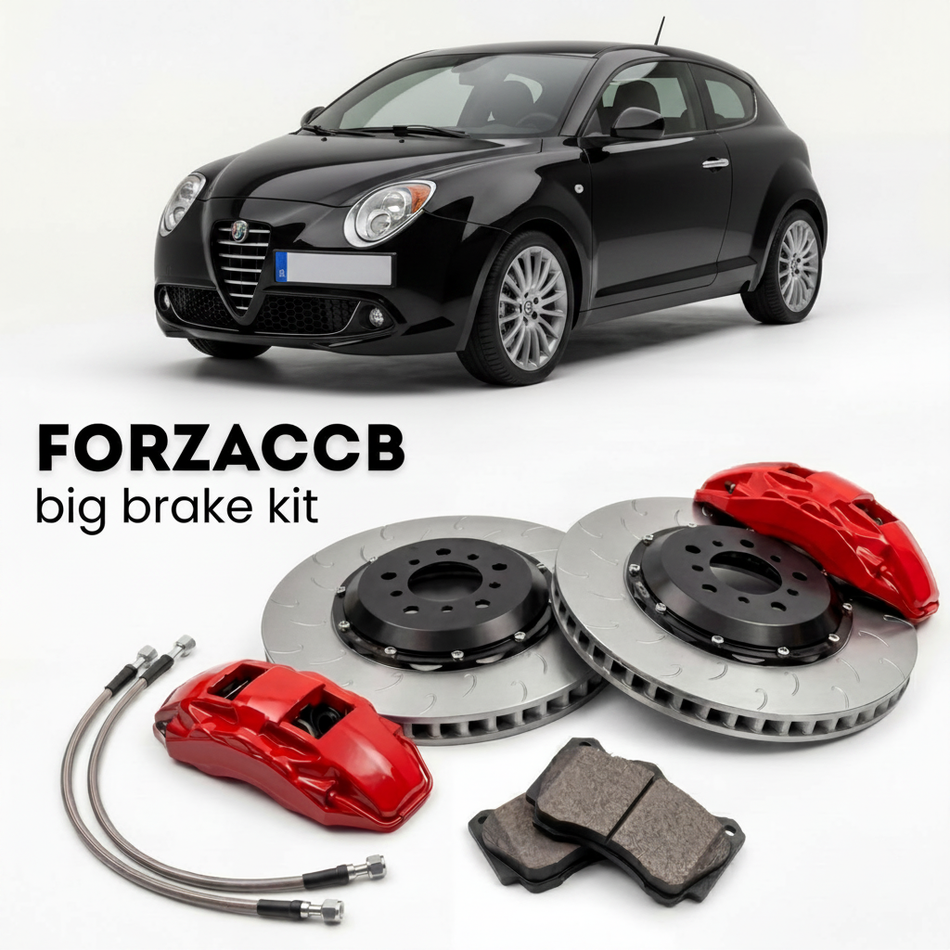 Black Alfa Romeo MiTo (2008-2013) shown above a ForzaCCB iron rotor big brake kit with 2x red 6-piston front calipers, 2x two-piece floating ventilated brake discs 380 mm, set of brake pads, and brake lines.