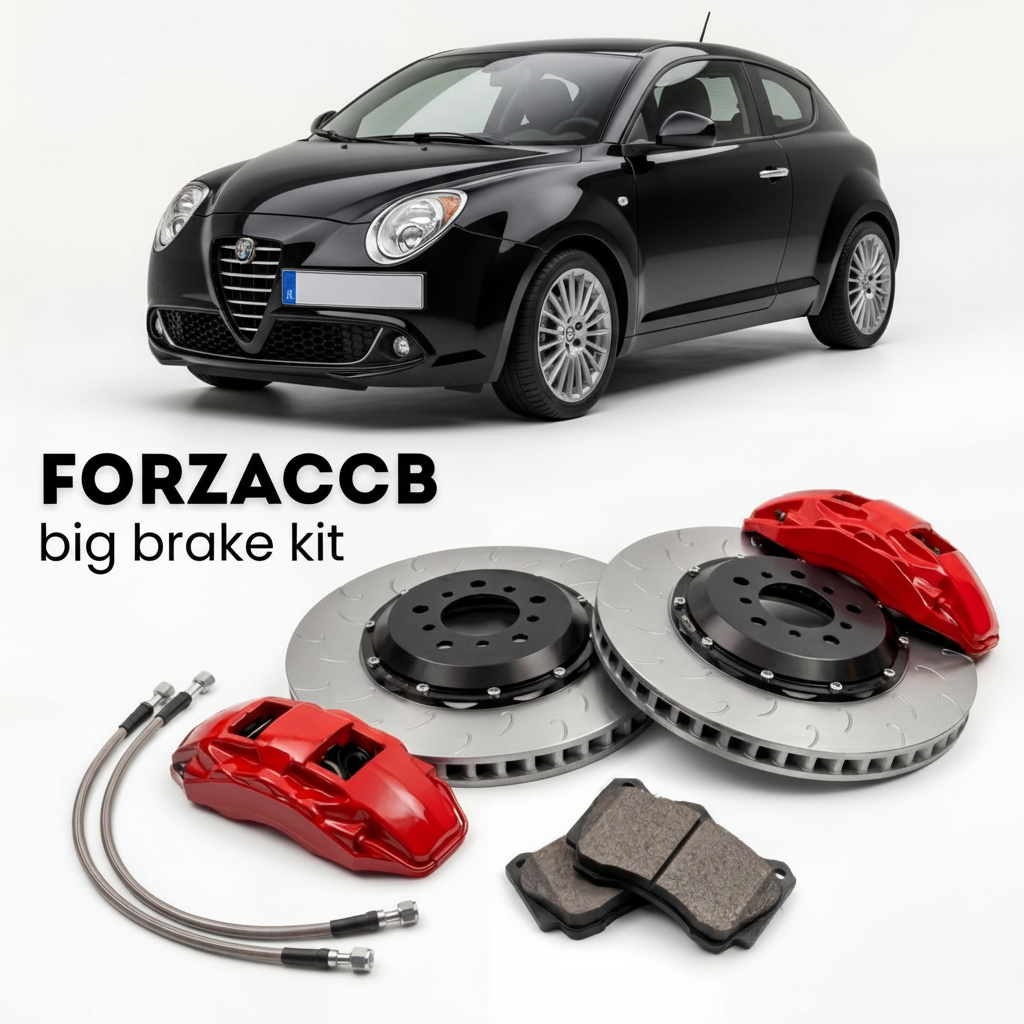 Black Alfa Romeo MiTo facelift 2013 (2013-2016) shown above a ForzaCCB iron rotor big brake kit with 2x red 6-piston front calipers, 2x two-piece floating ventilated brake discs 380 mm, set of brake pads, and brake lines.