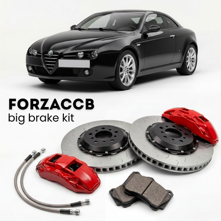Black Alfa Romeo Spider 939 (2006-2010) shown above a ForzaCCB iron rotor big brake kit with 2x red 6-piston front calipers, 2x two-piece floating ventilated brake discs 380 mm, set of brake pads, and brake lines.