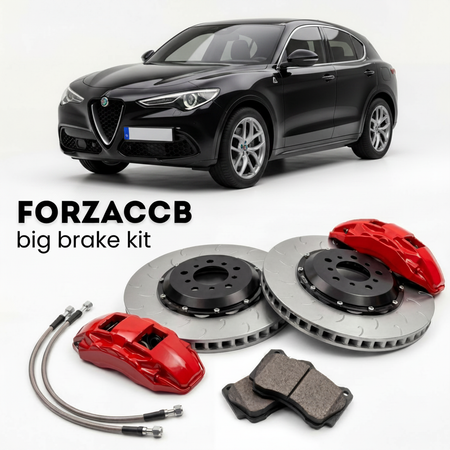 Black Alfa Romeo Stelvio 949 (2017-2022) shown above a ForzaCCB iron rotor big brake kit with 2x red 6-piston front calipers, 2x two-piece floating ventilated brake discs 380 mm, set of brake pads, and brake lines.