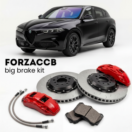Black Alfa Romeo Tonale (2022-2025) shown above a ForzaCCB iron rotor big brake kit with 2x red 6-piston front calipers, 2x two-piece floating ventilated brake discs 380 mm, set of brake pads, and brake lines.