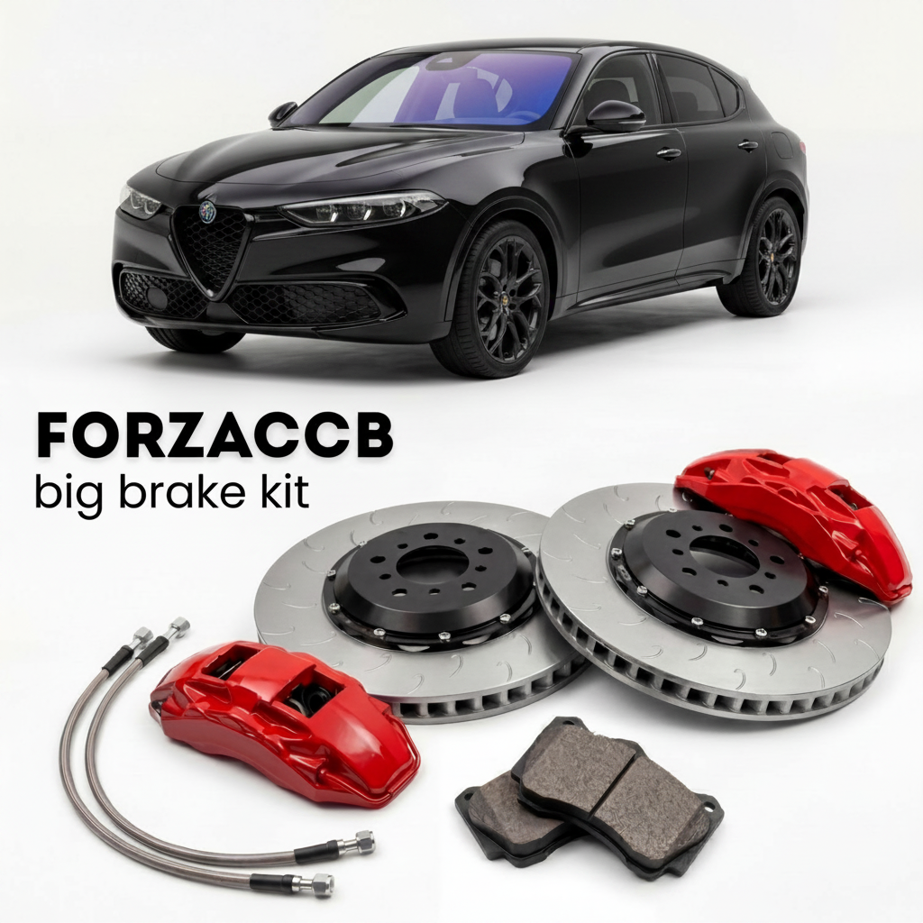 Black Alfa Romeo Tonale facelift 2025 (2025+) shown above a ForzaCCB iron rotor big brake kit with 2x red 6-piston front calipers, 2x two-piece floating ventilated brake discs 380 mm, set of brake pads, and brake lines.