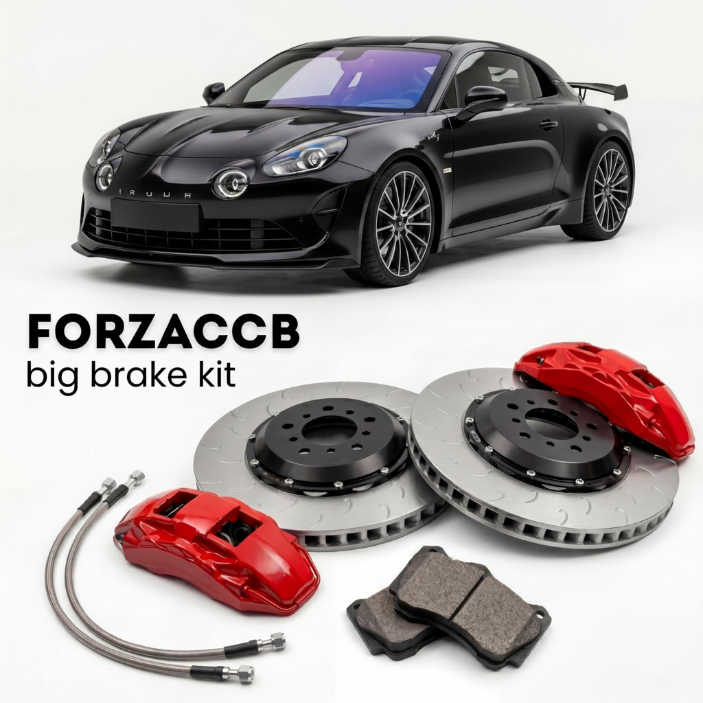 Black Alpine A110 R Ultime limited series (2025-2026) shown above a ForzaCCB iron rotor big brake kit with 2x red 6-piston front calipers, 2x two-piece floating ventilated brake discs 380 mm, set of brake pads, and brake lines.