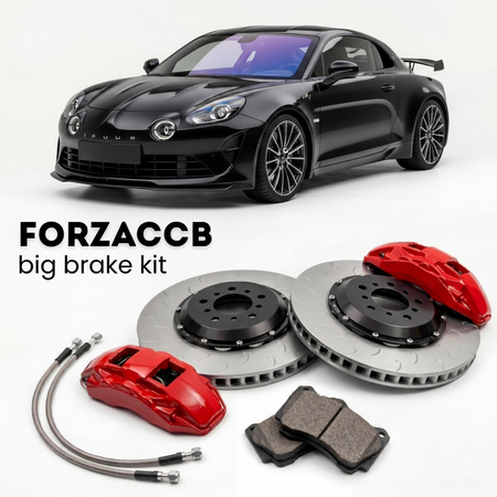 Black Alpine A110 R Ultime limited series (2025-2026) shown above a ForzaCCB iron rotor big brake kit with 2x red 6-piston front calipers, 2x two-piece floating ventilated brake discs 380 mm, set of brake pads, and brake lines.