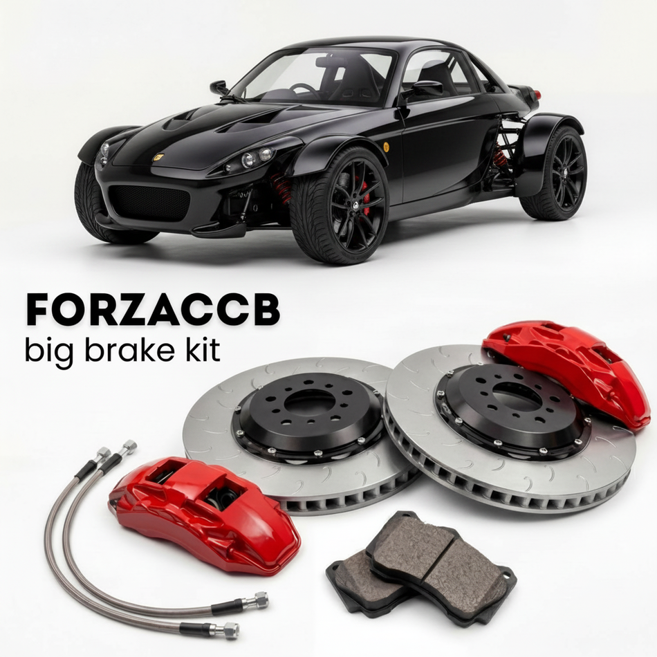 Black Ariel Atom 2 Gen 2 (2003-2007) shown above a ForzaCCB iron rotor big brake kit with 2x red 6-piston front calipers, 2x two-piece floating ventilated brake discs 380 mm, set of brake pads, and brake lines.