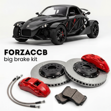 Black Ariel Atom 3.5 Gen 3.5 (2013-2018) shown above a ForzaCCB iron rotor big brake kit with 2x red 6-piston front calipers, 2x two-piece floating ventilated brake discs 380 mm, set of brake pads, and brake lines.