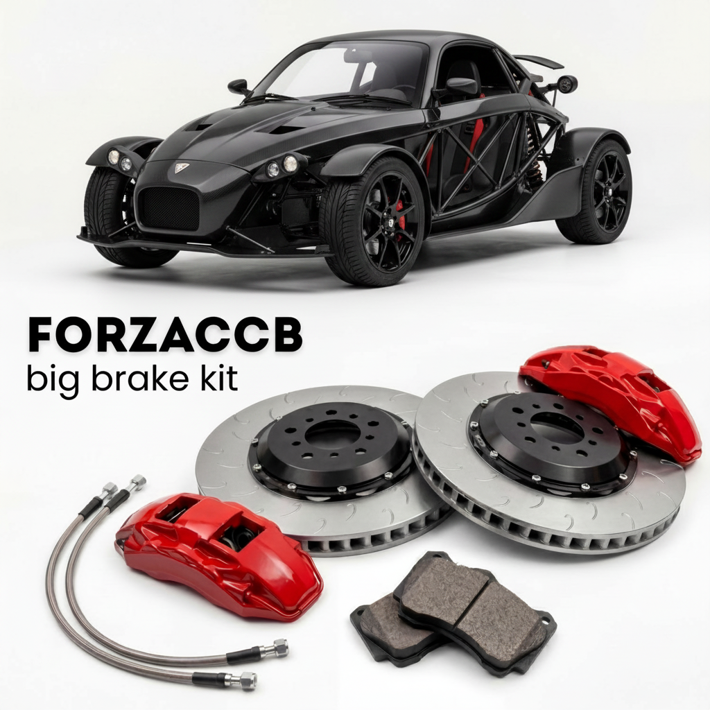 Black Ariel Atom 3.5 Gen 3.5 (2013-2018) shown above a ForzaCCB iron rotor big brake kit with 2x red 6-piston front calipers, 2x two-piece floating ventilated brake discs 380 mm, set of brake pads, and brake lines.