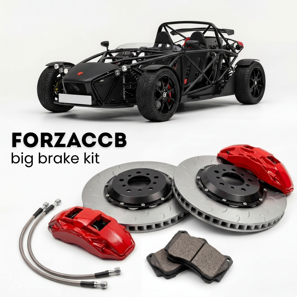 Black Ariel Atom 3 Gen 3 (2007-2013) shown above a ForzaCCB iron rotor big brake kit with 2x red 6-piston front calipers, 2x two-piece floating ventilated brake discs 380 mm, set of brake pads, and brake lines.