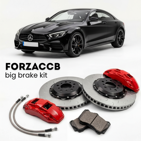 Black Ariel Atom 4 Gen 4 (2018-2026) shown above a ForzaCCB iron rotor big brake kit with 2x red 6-piston front calipers, 2x two-piece floating ventilated brake discs 380 mm, set of brake pads, and brake lines.