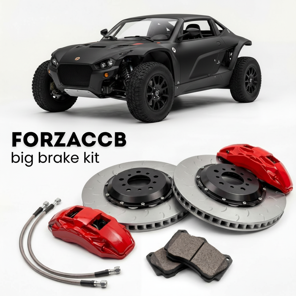 Black Ariel Nomad (2015-2026) shown above a ForzaCCB iron rotor big brake kit with 2x red 6-piston front calipers, 2x two-piece floating ventilated brake discs 380 mm, set of brake pads, and brake lines.