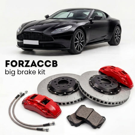 Black Aston Martin DB11 AM5 (2016-2023) shown above a ForzaCCB iron rotor big brake kit with 2x red 6-piston front calipers, 2x two-piece floating ventilated brake discs 380 mm, set of brake pads, and brake lines.