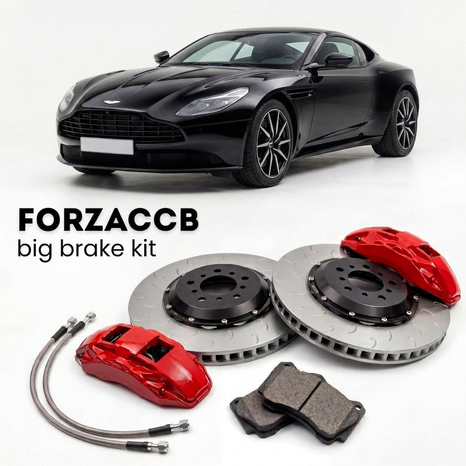 Black Aston Martin DB11 AM5 (2016-2023) shown above a ForzaCCB iron rotor big brake kit with 2x red 6-piston front calipers, 2x two-piece floating ventilated brake discs 380 mm, set of brake pads, and brake lines.