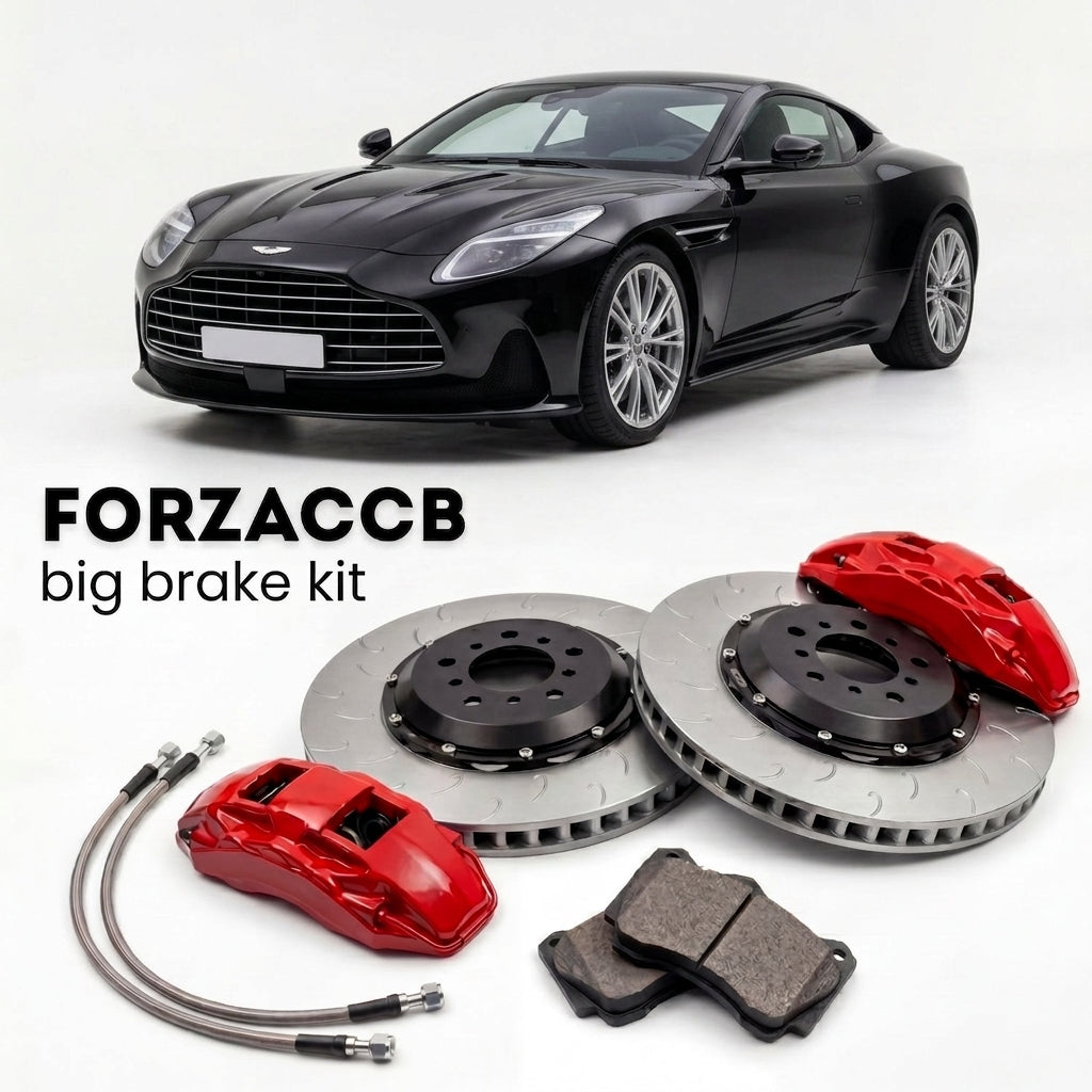 Black Aston Martin DB12 (2023+) shown above a ForzaCCB iron rotor big brake kit with 2x red 6-piston front calipers, 2x two-piece floating ventilated brake discs 380 mm, set of brake pads, and brake lines.