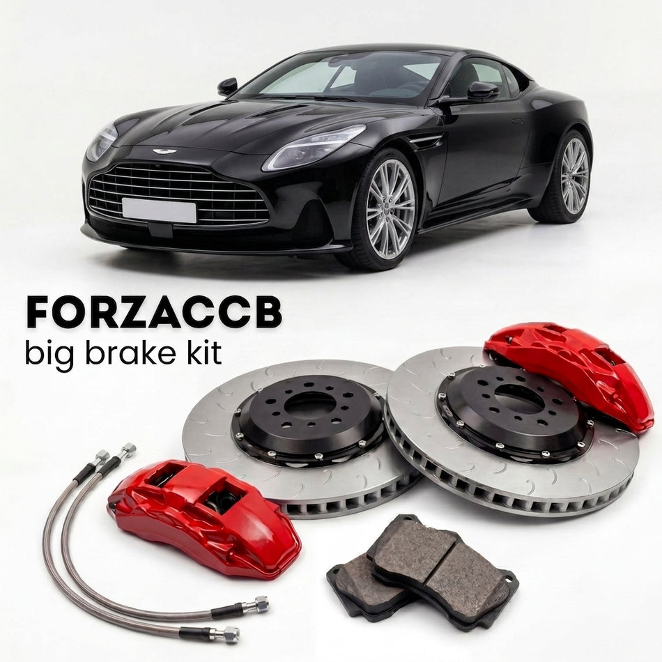 Black Aston Martin DB12 (2023+) shown above a ForzaCCB iron rotor big brake kit with 2x red 6-piston front calipers, 2x two-piece floating ventilated brake discs 380 mm, set of brake pads, and brake lines.