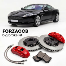 Black Aston Martin DB9 VH (2004-2012) shown above a ForzaCCB iron rotor big brake kit with 2x red 6-piston front calipers, 2x two-piece floating ventilated brake discs 380 mm, set of brake pads, and brake lines.