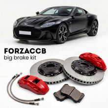 Black Aston Martin DBS Superleggera (2018-2024) shown above a ForzaCCB iron rotor big brake kit with 2x red 6-piston front calipers, 2x two-piece floating ventilated brake discs 380 mm, set of brake pads, and brake lines.