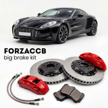 Black Aston Martin One-77 (2009-2012) shown above a ForzaCCB iron rotor big brake kit with 2x red 6-piston front calipers, 2x two-piece floating ventilated brake discs 380 mm, set of brake pads, and brake lines.
