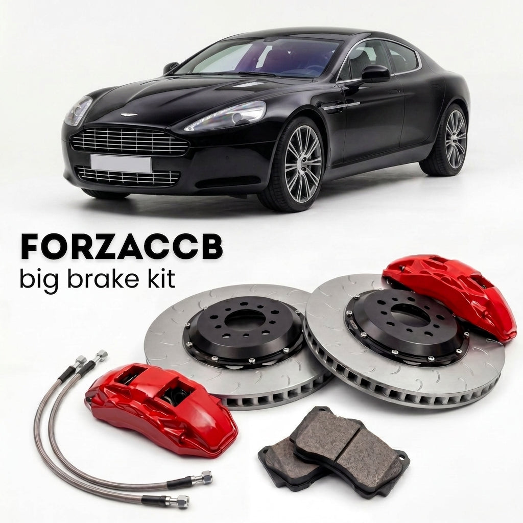 Black Aston Martin Rapide VH (2010-2020) shown above a ForzaCCB iron rotor big brake kit with 2x red 6-piston front calipers, 2x two-piece floating ventilated brake discs 380 mm, set of brake pads, and brake lines.