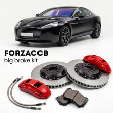 Black Aston Martin Rapide VH (2018-2020) shown above a ForzaCCB iron rotor big brake kit with 2x red 6-piston front calipers, 2x two-piece floating ventilated brake discs 380 mm, set of brake pads, and brake lines.