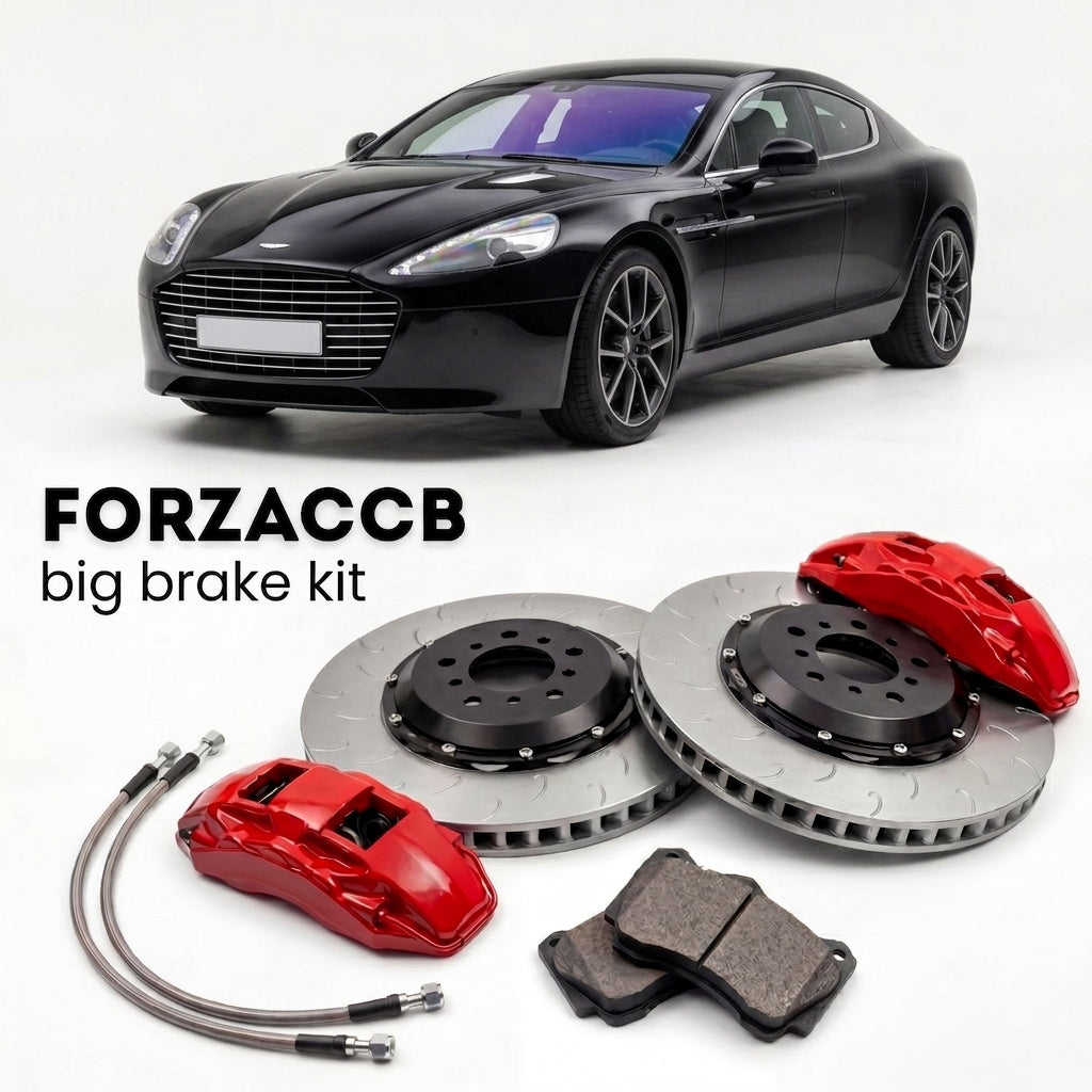 Black Aston Martin Rapide VH (2018-2020) shown above a ForzaCCB iron rotor big brake kit with 2x red 6-piston front calipers, 2x two-piece floating ventilated brake discs 380 mm, set of brake pads, and brake lines.