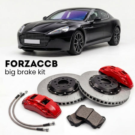 Black Aston Martin Rapide VH (2018-2020) shown above a ForzaCCB iron rotor big brake kit with 2x red 6-piston front calipers, 2x two-piece floating ventilated brake discs 380 mm, set of brake pads, and brake lines.
