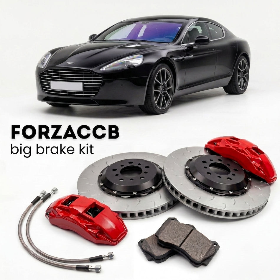 Black Aston Martin Rapide VH (2018-2020) shown above a ForzaCCB iron rotor big brake kit with 2x red 6-piston front calipers, 2x two-piece floating ventilated brake discs 380 mm, set of brake pads, and brake lines.