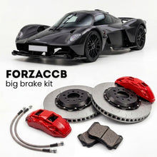 Black Aston Martin Valkyrie (2021-2024) shown above a ForzaCCB iron rotor big brake kit with 2x red 6-piston front calipers, 2x two-piece floating ventilated brake discs 380 mm, set of brake pads, and brake lines.