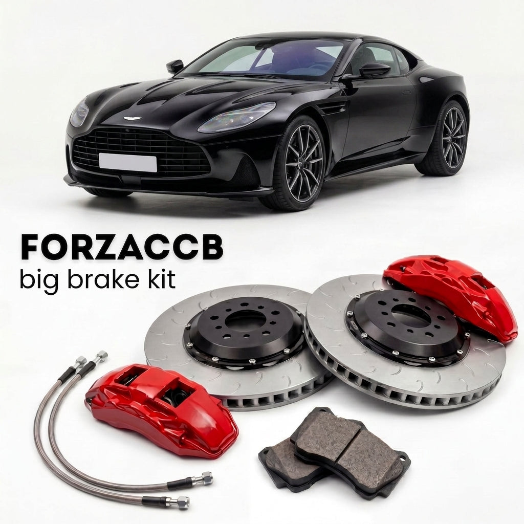 Black Aston Martin Vanquish (2024+) shown above a ForzaCCB iron rotor big brake kit with 2x red 6-piston front calipers, 2x two-piece floating ventilated brake discs 380 mm, set of brake pads, and brake lines.