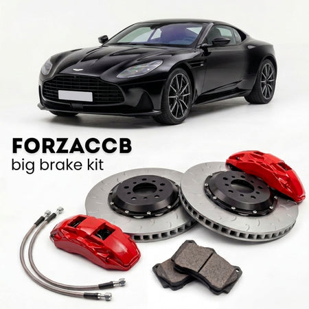 Black Aston Martin Vanquish (2024+) shown above a ForzaCCB iron rotor big brake kit with 2x red 6-piston front calipers, 2x two-piece floating ventilated brake discs 380 mm, set of brake pads, and brake lines.