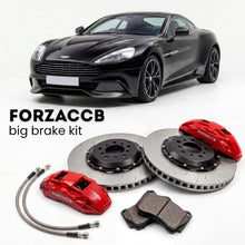 Black Aston Martin Vanquish VH (2012-2018) shown above a ForzaCCB iron rotor big brake kit with 2x red 6-piston front calipers, 2x two-piece floating ventilated brake discs 380 mm, set of brake pads, and brake lines.