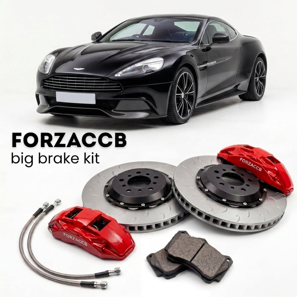 Black Aston Martin Vanquish VH (2012-2018) shown above a ForzaCCB iron rotor big brake kit with 2x red 6-piston front calipers, 2x two-piece floating ventilated brake discs 380 mm, set of brake pads, and brake lines.