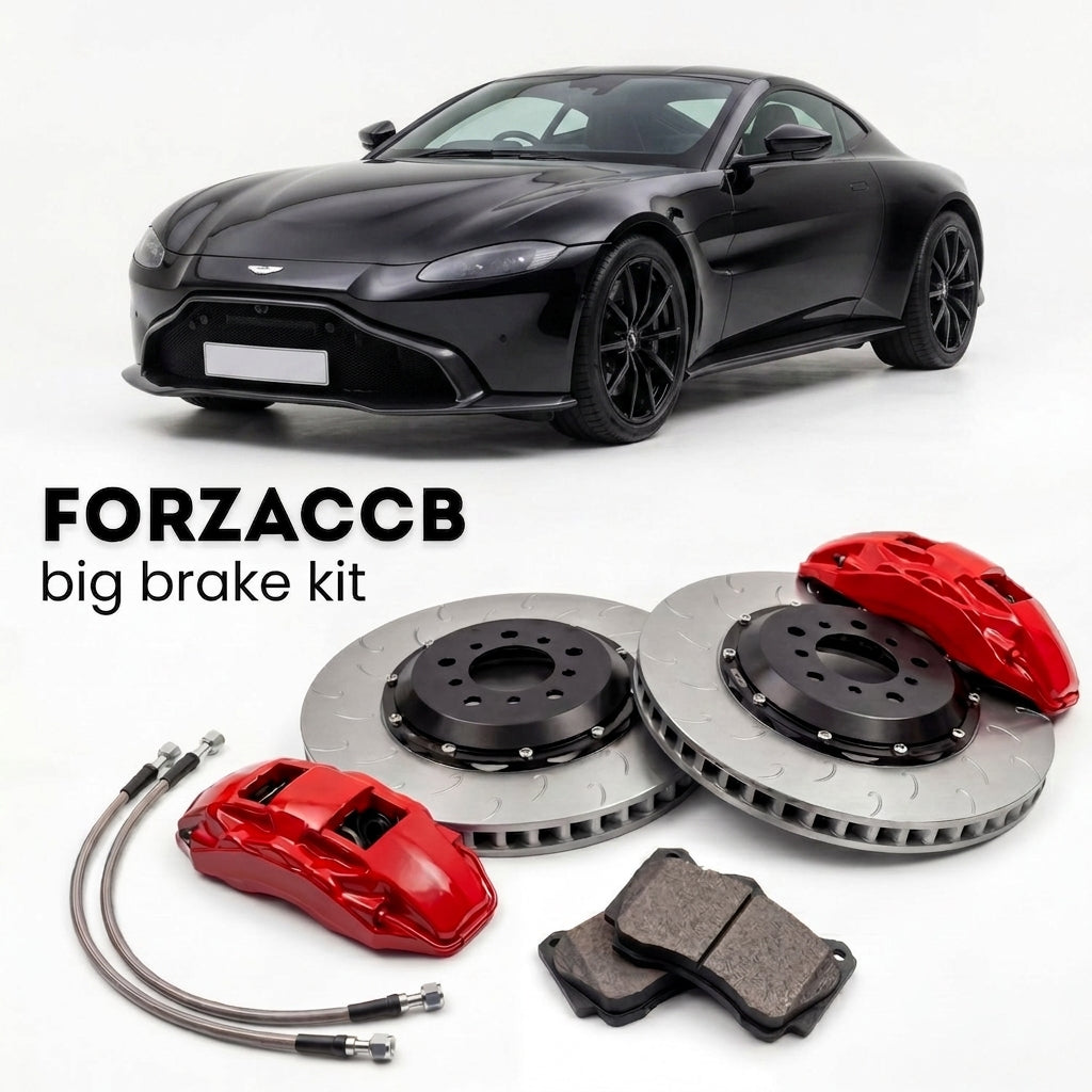Black Aston Martin Vantage (2018+) shown above a ForzaCCB iron rotor big brake kit with 2x red 6-piston front calipers, 2x two-piece floating ventilated brake discs 380 mm, set of brake pads, and brake lines.