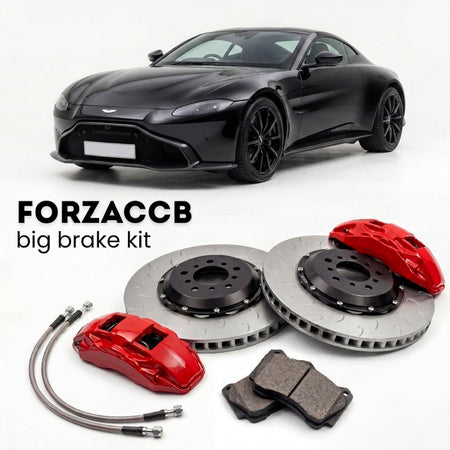 Black Aston Martin Vantage (2018+) shown above a ForzaCCB iron rotor big brake kit with 2x red 6-piston front calipers, 2x two-piece floating ventilated brake discs 380 mm, set of brake pads, and brake lines.